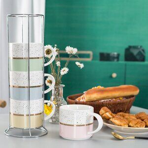 Hasense Stackable Coffee Mugs Set of 4 with Rack | Multicolor Speckled